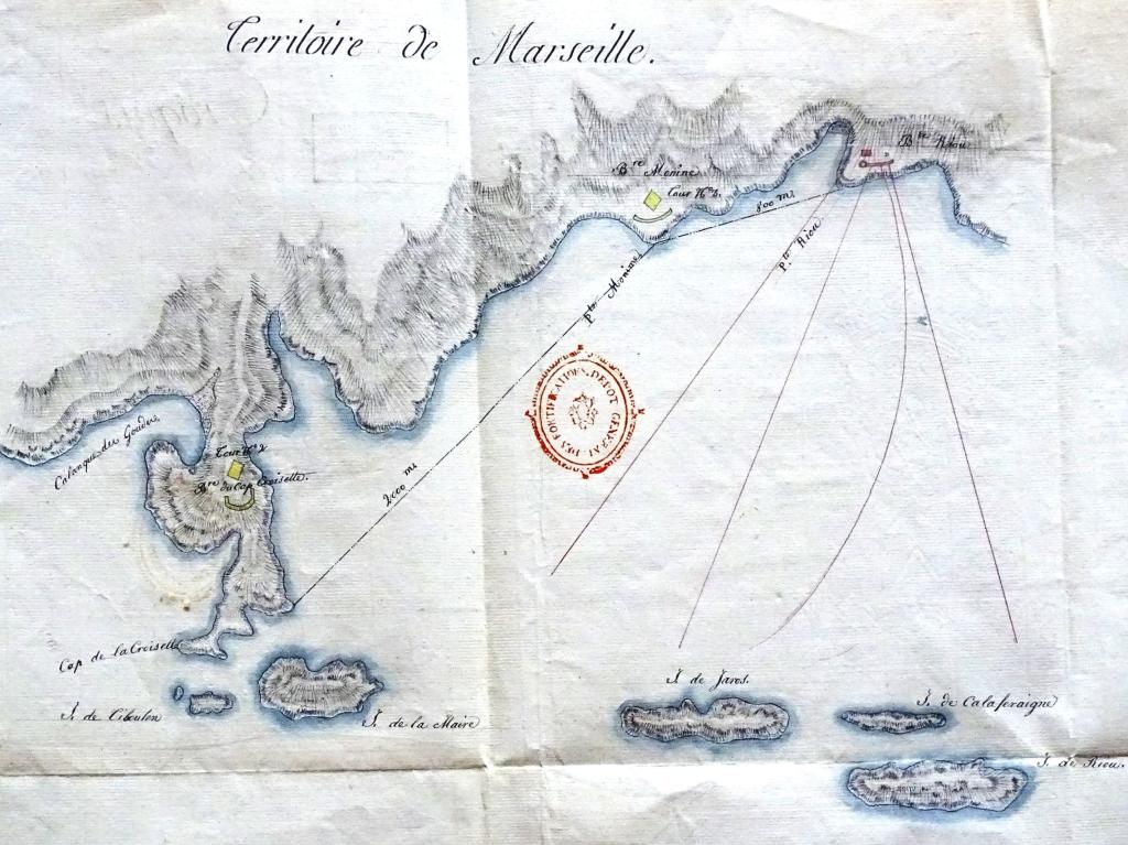[Carte d'une partie de la côte de Marseille à l'est du Cap Croisette, pour les projets de batteries de la pointe Mounine et du cap Croisette], 1811.