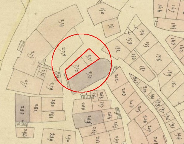 Plan de masse d'après le plan cadastral de 1839, section F1. Echelle d'origine 1/1000e.
