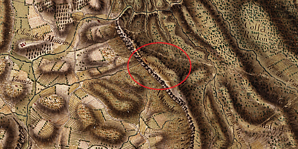 Carte des frontières est de la France, de Grenoble à Marseille, 4e quart 18e siècle. [Détail de la feuille 192-60, chapelle S. Pierre.]