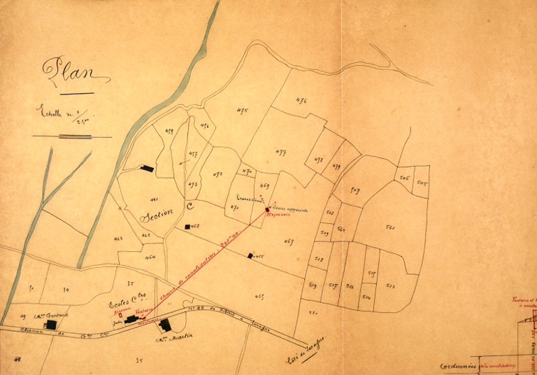 Plan du projet de fontaine à l'école, avec la canalisation d'amenée depuis la source captée, 1892.