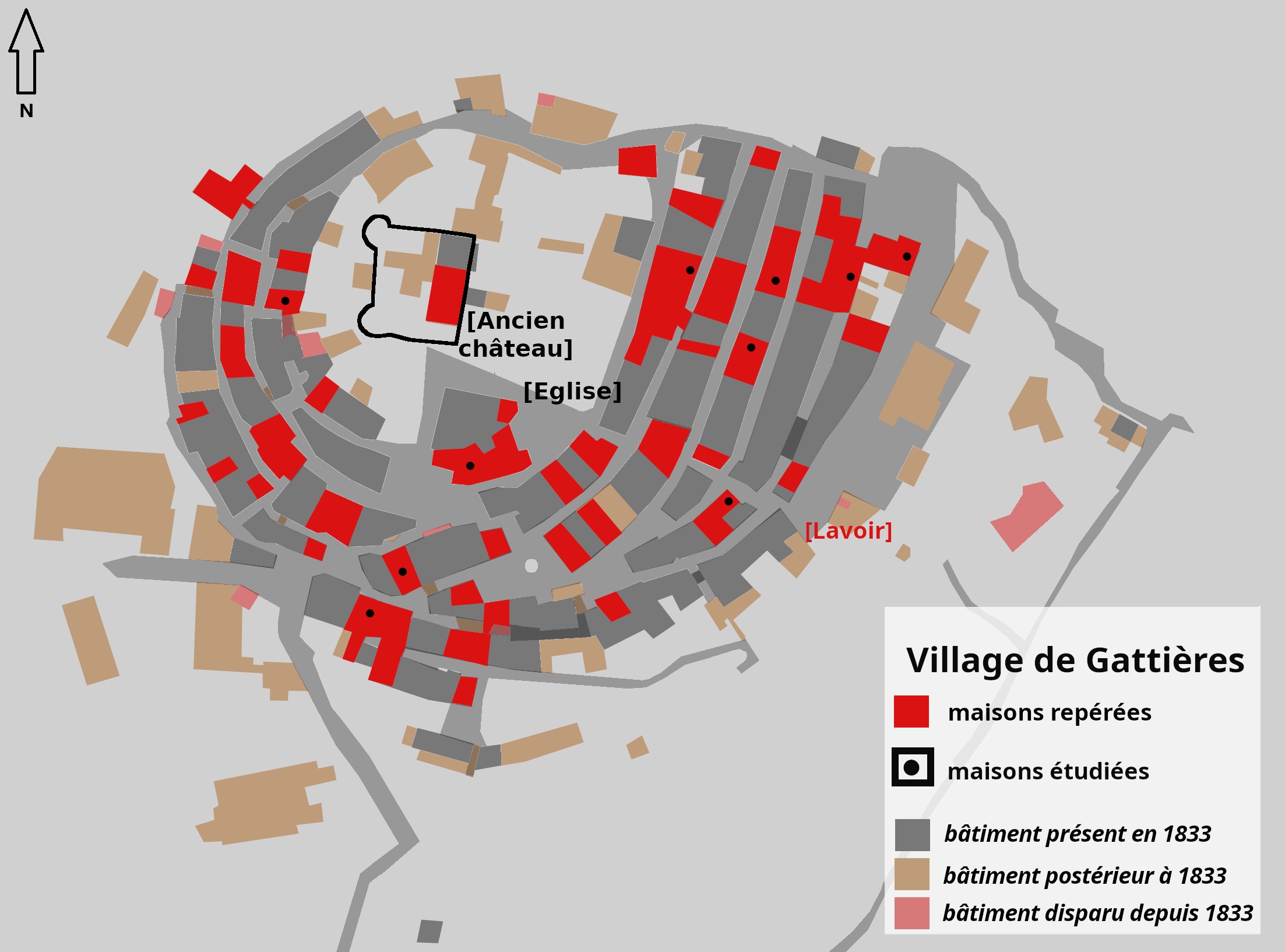 Village de Gattières. Maisons repérées et étudiées.