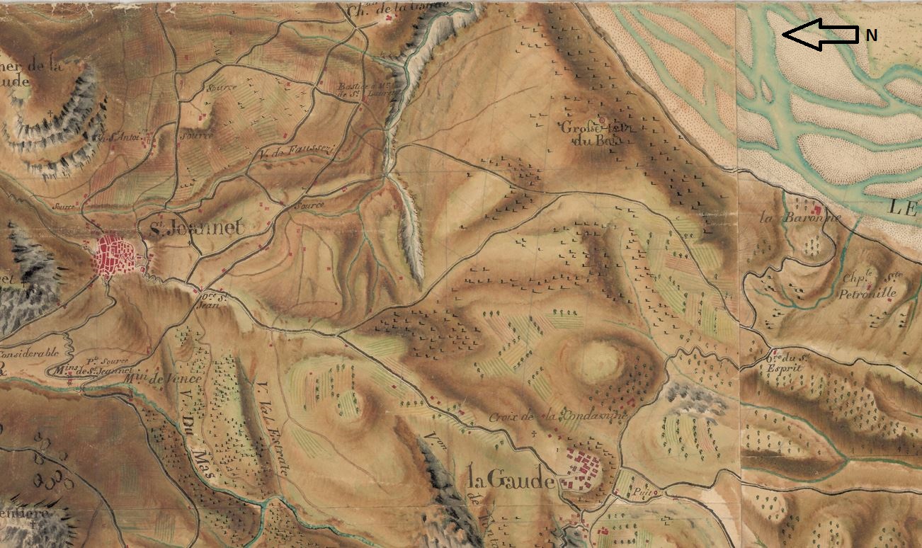 Cartes des frontières Est de la France, de Colmars à Marseille. [Détail de la feuille 194-8 : village de Saint-Jeannet au nord, de La Gaude au sud et château de La Gaude à l'est].