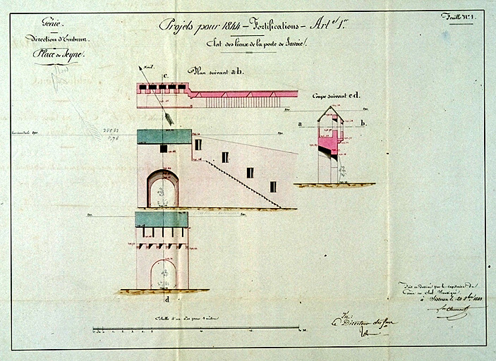 Place de Seyne. Projet pour 1844. Fortifications. Etat des lieux de la porte de Savoie. Plan suivant ab. Coupe suivant cd. [Elévations]. 1843