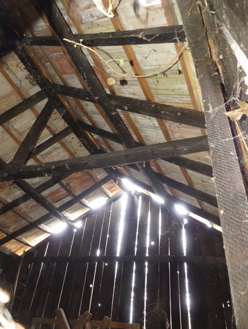 Charpente à ferme, « cabanon » en bois au Grand Pré.