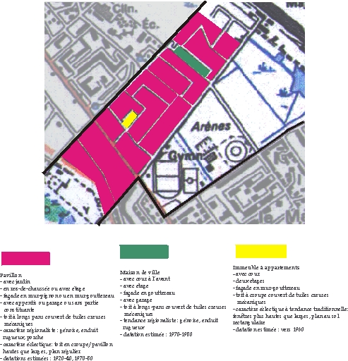 Répartition des zones d'habitat pavillonnaire, de maisons de ville et d'immeubles à appartements sur le secteur urbain dit faubourg de la Petite Vitesse.