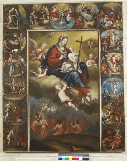 tableau : Vierge à l'Enfant délivrant les âmes du purgatoire avec les mystères de la vie du Christ