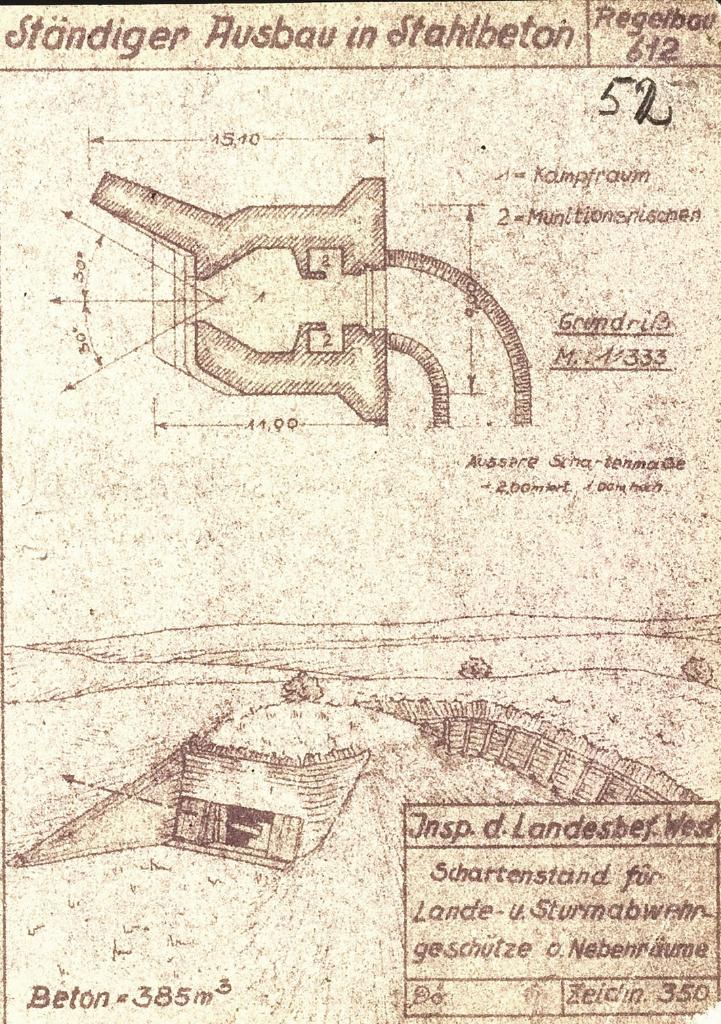 [Plan et vue en perspective du modèle-type de casemate de flanquement Regelbau 612], 1944.
