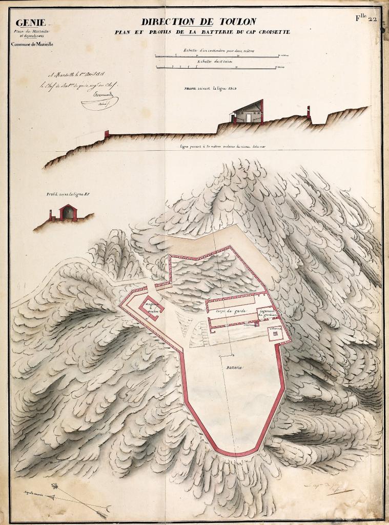 Plan et profils de la batterie du Cap Croisette,1818.