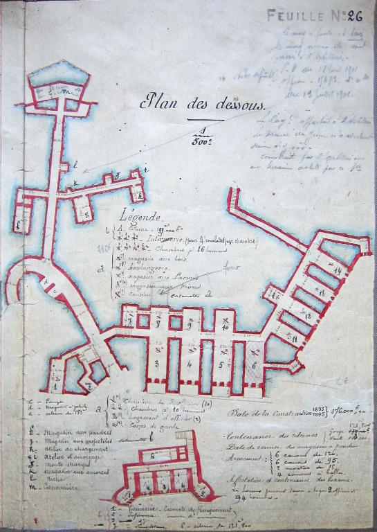 Plan dessous. [Fort du Pipaudon. Plan des "dessous" ou souterrains du fort et de l'avancée, état réalisé] vers 1900.