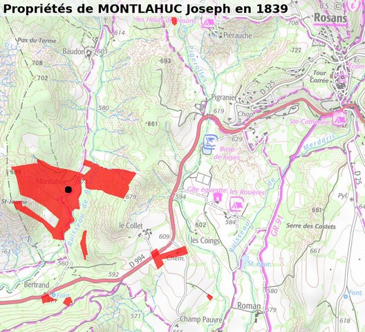Propriétés de Joseph Montlahuc en 1839, reportées sur la carte IGN (échelle d'origine 1/25 000e).
