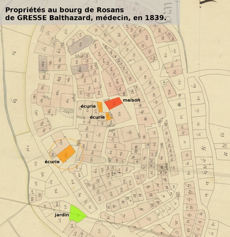 Propriétés du médecin Balthazard Gresse en 1839, d'après le plan cadastral de 1839, section F1. Echelle d'origine 1/1000e.