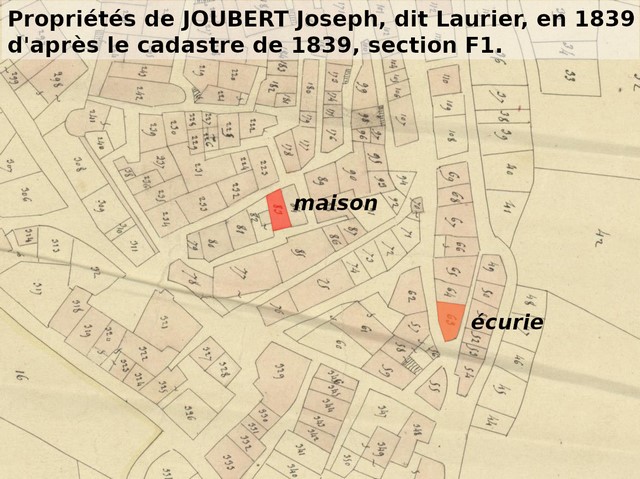 Propriétés de Joseph Joubert dit Laurier en 1839, d'après le plan cadastral de 1839, section F1. Echelle d'origine 1/1000e.