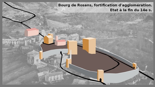 État hypothétique de la fortification à la fin du 14e siècle. Vue du sud-ouest.