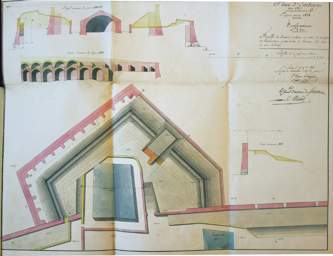 Place d'Embrun, an 1817. Projet pour 1818. Feuille de dessin relative à l'article 2 du projet des fortifications pour mettre le bastion (6) dans un état défensif. 1817.