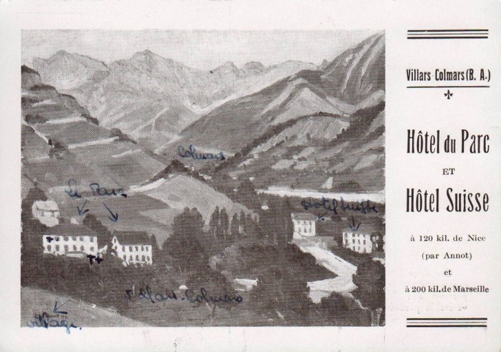 Villars-Colmars (B.A.)/Hôtel du Parc/ET/Hôtel Suisse/à 120 kil. de Nice/(par Annot)/et/à 200 kil. de Marseille