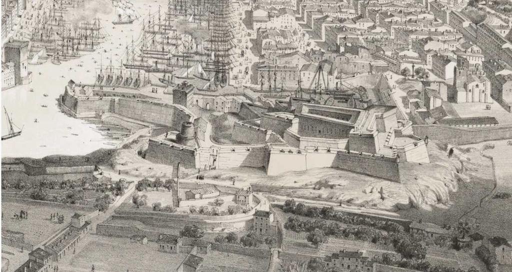 Vue cavalière ouest de Marseille, 1848. Détail.