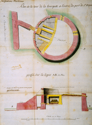 Plan de la tour de la Bourgade à l'entrée du port de St Tropez. 1743.
