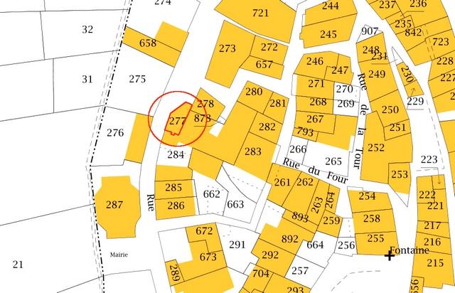 Plan de masse d'après le cadastre de 2021, section 000F. Echelle d'origine 1/500e.