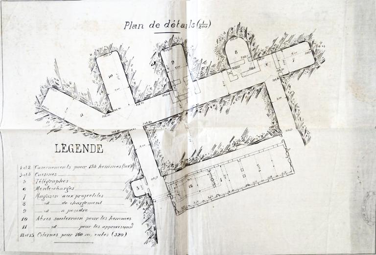 [Ouvrage de la pointe ouest du Cerveau. Plan des souterrains et magasins en caverne et du casernement ouest. Etat des lieux], 1890.