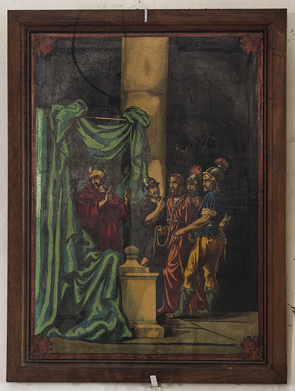 Ensemble de deux tableaux (chemin de croix) : Condamnation de Jésus par Caïphe et Mise au tombeau