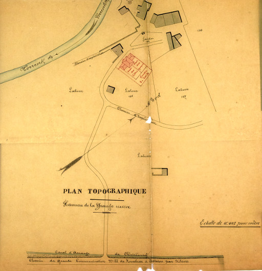 Plan topographique. Hameau de la Grange Neuve. [projet de l'école primaire de Châteauneuf-de-Chabre]. 1881. Emplacement projeté.