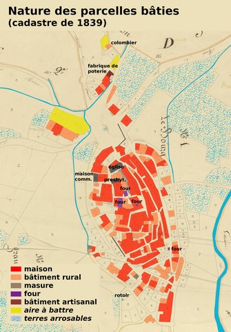 Natures des parcelles bâties en 1839, reportées sur le cadastre de 1839 (sections F1 et F5). Echelle d'origine 1/1 000e.