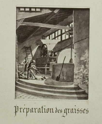 Moulin d'une parfumerie fonctionnant avec une machine à vapeur.