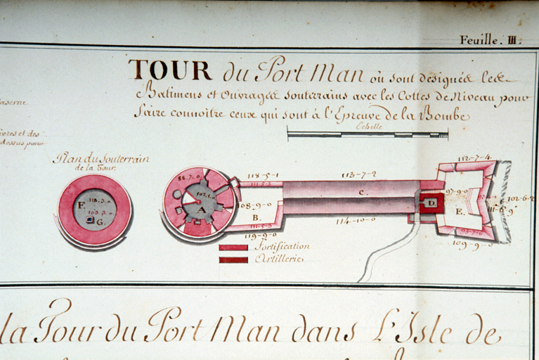 Plan de la Tour de Port Man dans l'Isle de Portecros. 1775. Détail des plans du souterrain et du rez-de-chaussée.