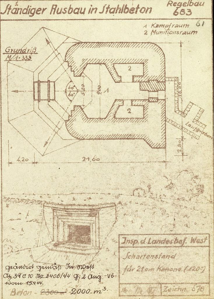 [Plan et vue en perspective du modèle-type de casemate Regelbau 683], 1944.