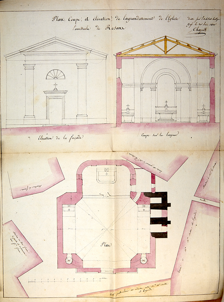 Plan, coupe, élévation de la reconstruction de l'église Saint-Arey, 1830 [Projet avorté].