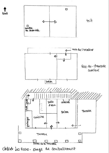 Relevé avec plan de distribution des différents niveaux : 1. Etage de soubassement. – 2. Rez-de-chaussée surélevé. – 3. Toit. 