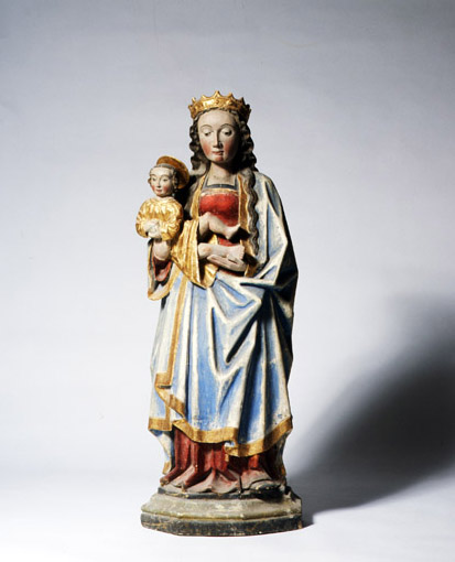 statues (3) : Vierge à l'Enfant, sainte Barbe, saint Eloi (?) ou saint Mammès (?)