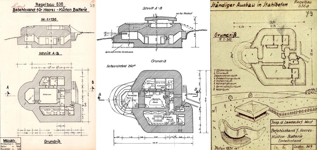 Montage comparatif de trois planches de plans, coupes et vue en perspective des modèles-types de poste de direction de tir Regelbau 636 et 636a.