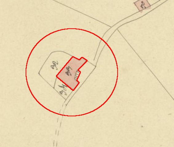 Plan de masse d'après le plan cadastral de 1839, section G4. Echelle d'origine 1/2000e.