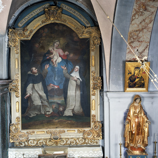 tableau : Vierge à l'Enfant remettant le rosaire à saint Dominique de Guzman et à sainte Catherine de Sienne (N° 2)
