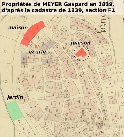 Propriétés de Gaspard Meyer en 1839, d'après le plan cadastral de 1839, section F1. Echelle d'origine 1/1000e.