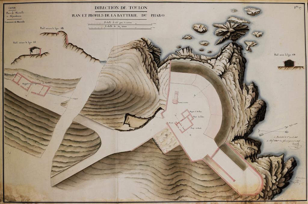 Plan et profils de la batterie du Pharo, 1818.