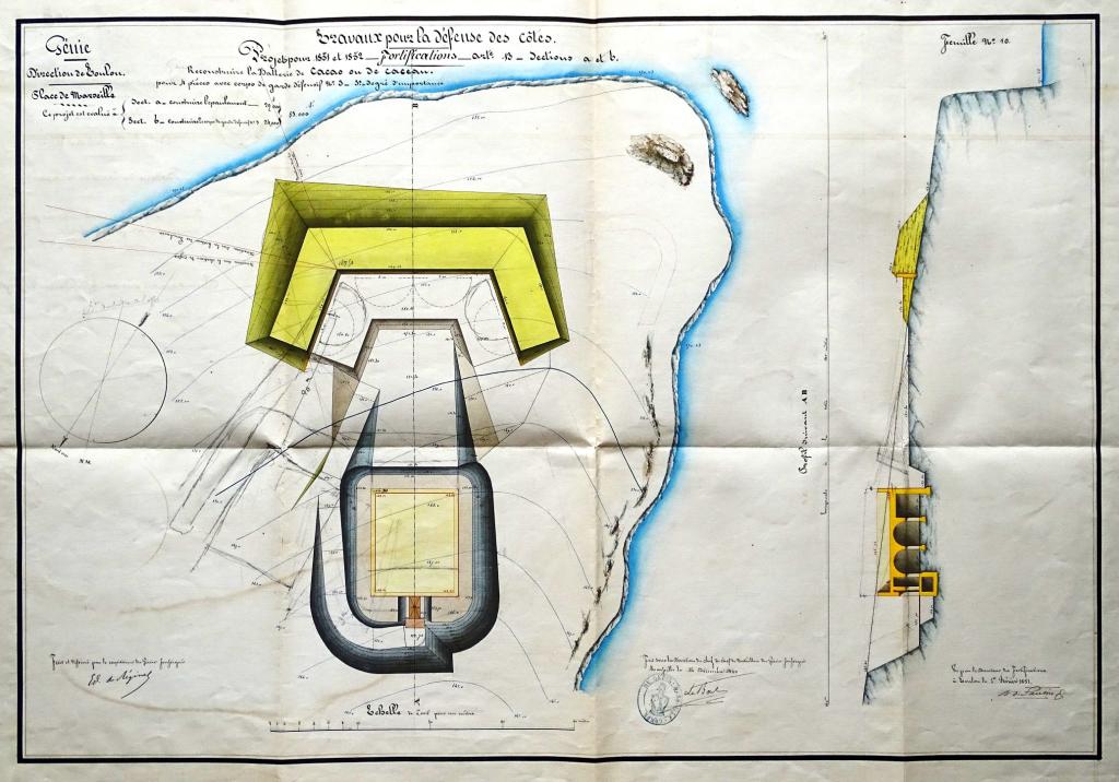 [Plan et coupe du projet de reconstruction de la batterie de Cacao pour 1851-1852].