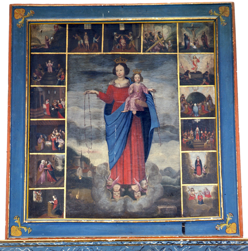 tableau d'autel : Vierge et Enfant présentant un rosaire, scènes du rosaire