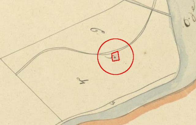 Plan de masse d'après le plan cadastral de 1839, section G12. Echelle d'origine 1/2000e.