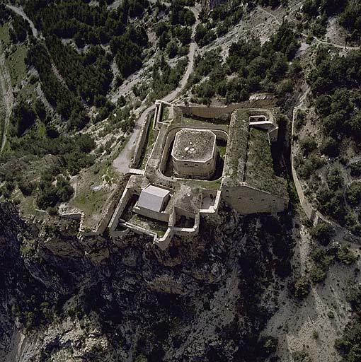 Vue aérienne du fort présentant : la tour centrale avec la terrasse à canons, le fossé, l'enceinte avec la galerie de fusillade.