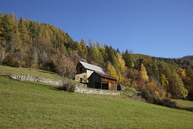 Ferme à Champlèbre (D 306). L'implantation sur un terrain pentu a entraîné l'aménagement de terrasses de cultures.