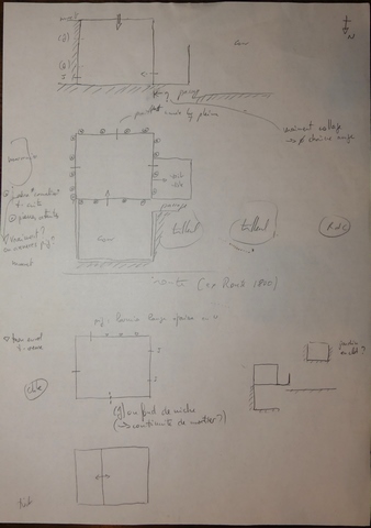 Plans schématiques du bâtiment. En haut, étage de soubassement. Au milieu-haut : rez-de-chaussée surélevé. Au milieu-bas : étage de comble. En bas : toit.