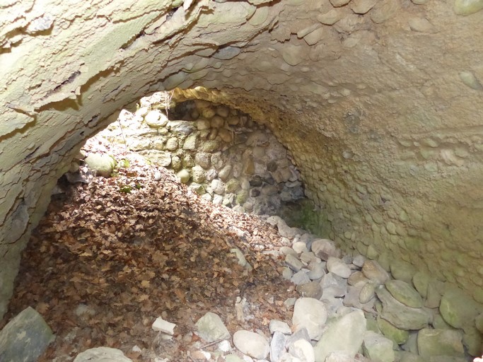 Vue de volume d'une grande pièce voûtée, située en premier étage de soubassement d'une maison. Village de Châteauneuf.