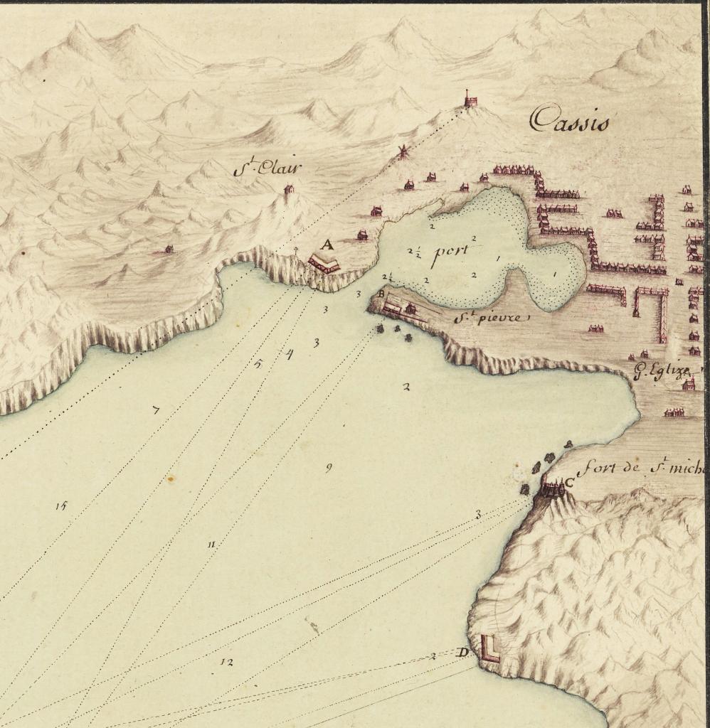 Plan de Cassis et du Port-Miou, c. 1696. Détail.