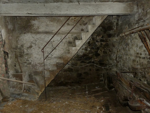 Etage de soubassement, étable ouest. Mur nord, escalier descendant du rez-de-chaussée surélevé.