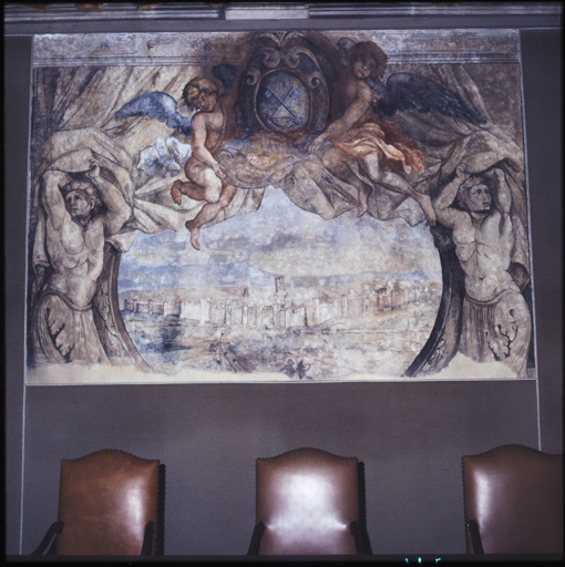 Salle d'audience de grande instance, panneau peint : les remparts de Carpentras.
