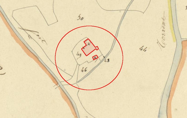 Plan de masse d'après le plan cadastral de 1839, section G3. Echelle d'origine 1/2000e.