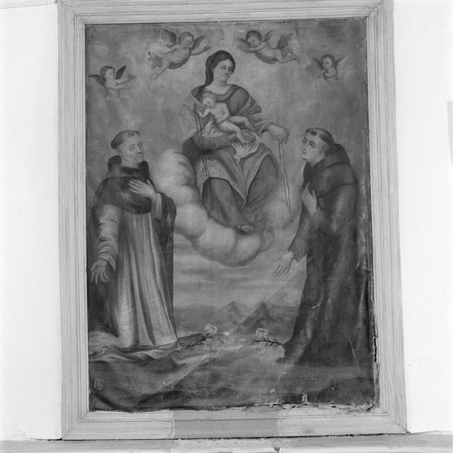 tableau : Vierge à l'Enfant remettant le rosaire à Saint Dominique et saint Antoine de Padoue
