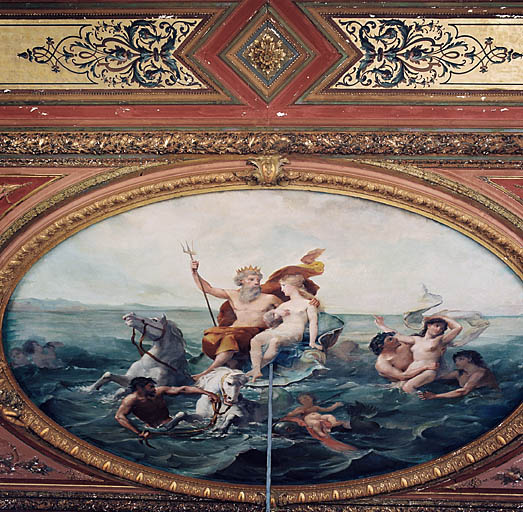 plafond, reliefs et 3 peintures monumentales : Le triomphe de Jupiter, Le triomphe de Neptune, Le triomphe de Bacchus